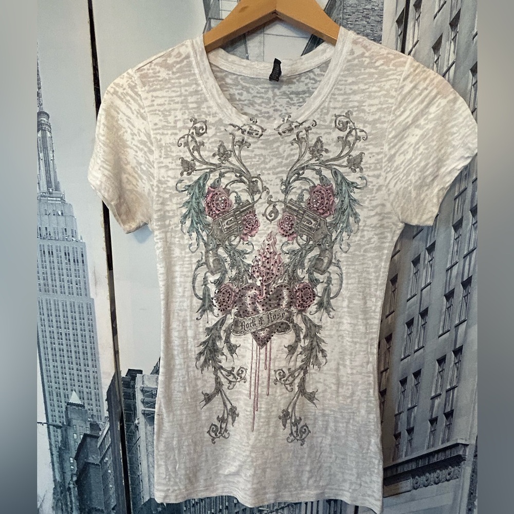 Sweet Girl - Floral Embellished V-Neck Tee - White with Pink Accents